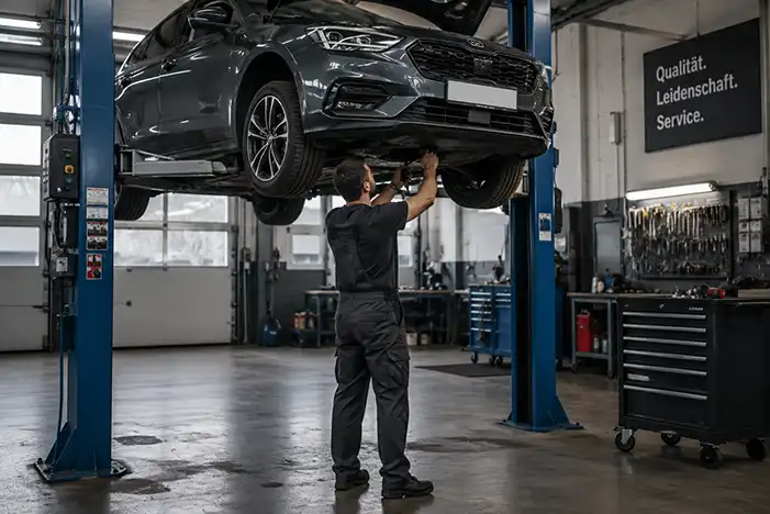 KFZ-Mechaniker bei Fahrzeugwartung und Kundendienst in der Werkstatt Laufenburg